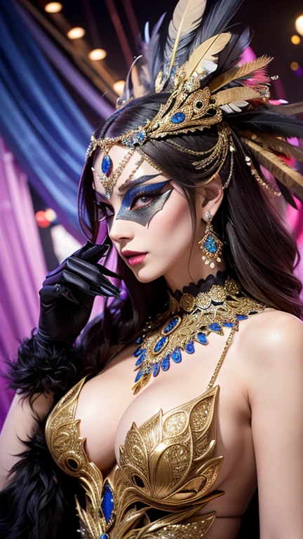  A modern-day attractive woman in an extravagant masquerade ball gown, wearing an intricate mask adorned with feathers and jewels, set against the backdrop of a luxurious carnival setting ,medium long shot
