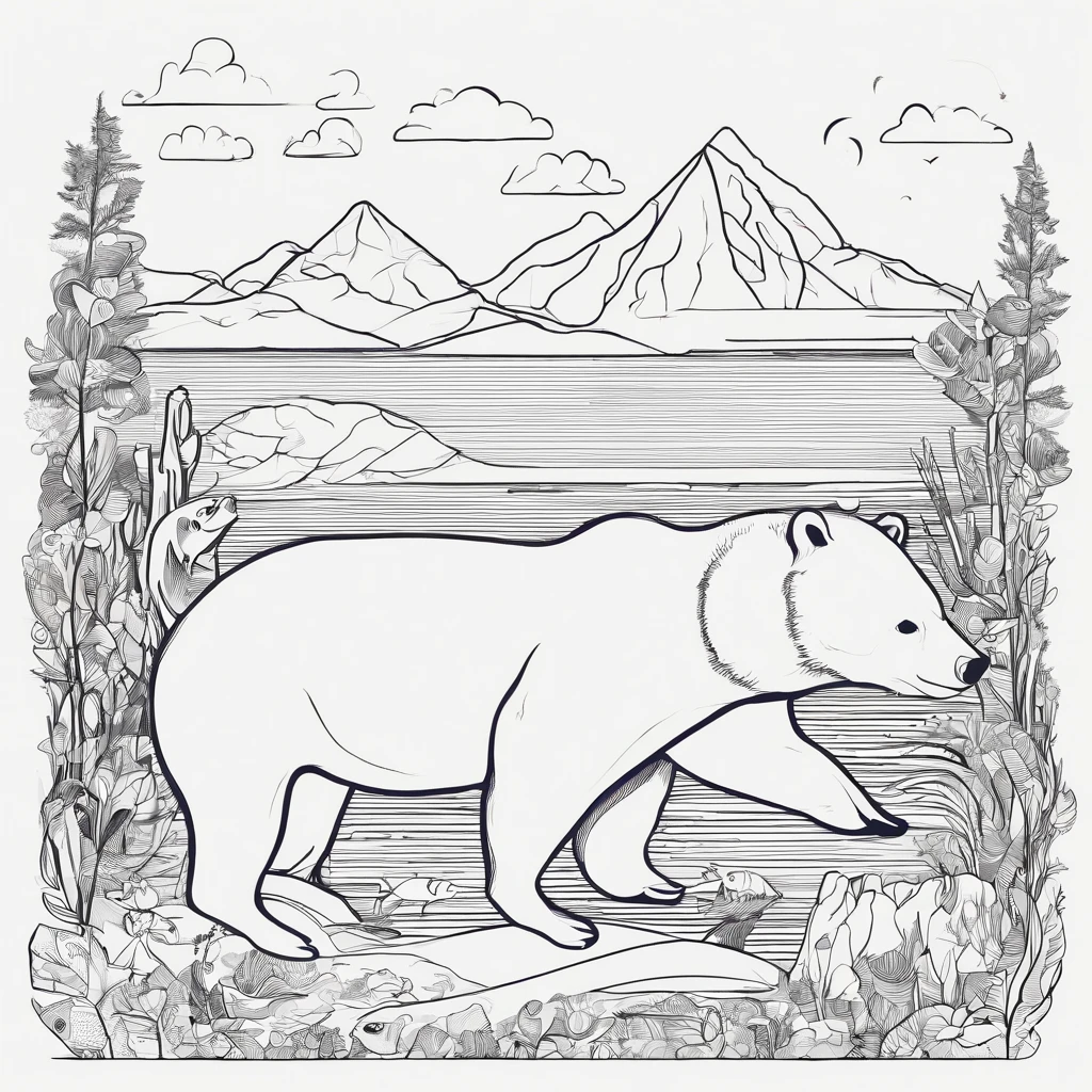 Alaska sealife ocean beaches fish bears line art