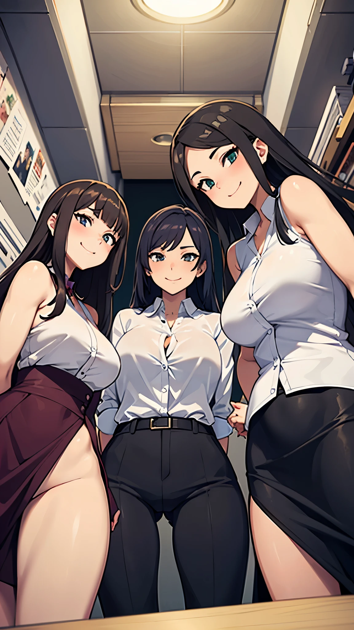 four sexy women looking at camera, flirtatious smiles, office ladies outfits, portrait, view from below
