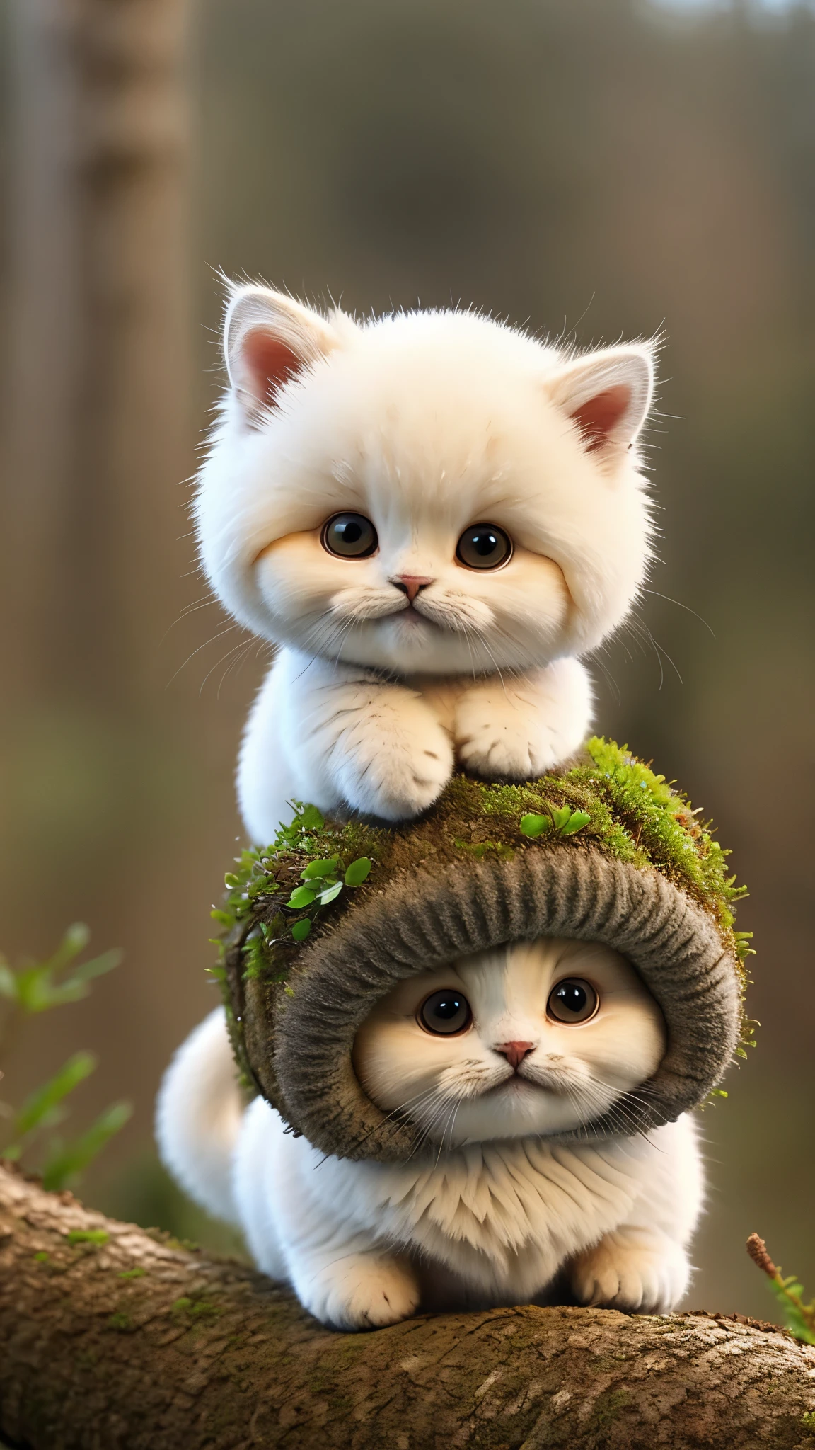 Fluffy cat sitting near the roots of a tree in the middle of the mountain, cute