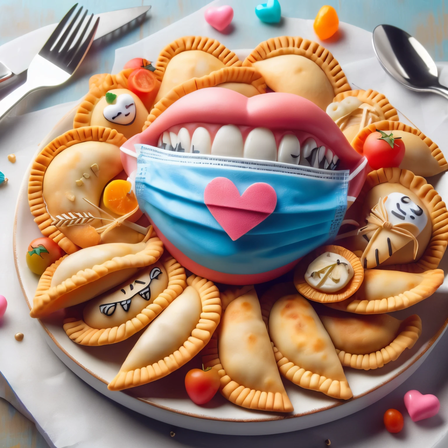 un primer plano de un plato de comida con una mascarilla bucal, arte de la comida, a punto de consumirte, Food photography with polymer clay 4k, Agua en la boca, Cake shop, hecho de comida, made out of dulces, Dientes entre pan y empanada, super realistic food image, Nuevo emoji de morderse el labio, dulces, amazing food illustration, gluttony
