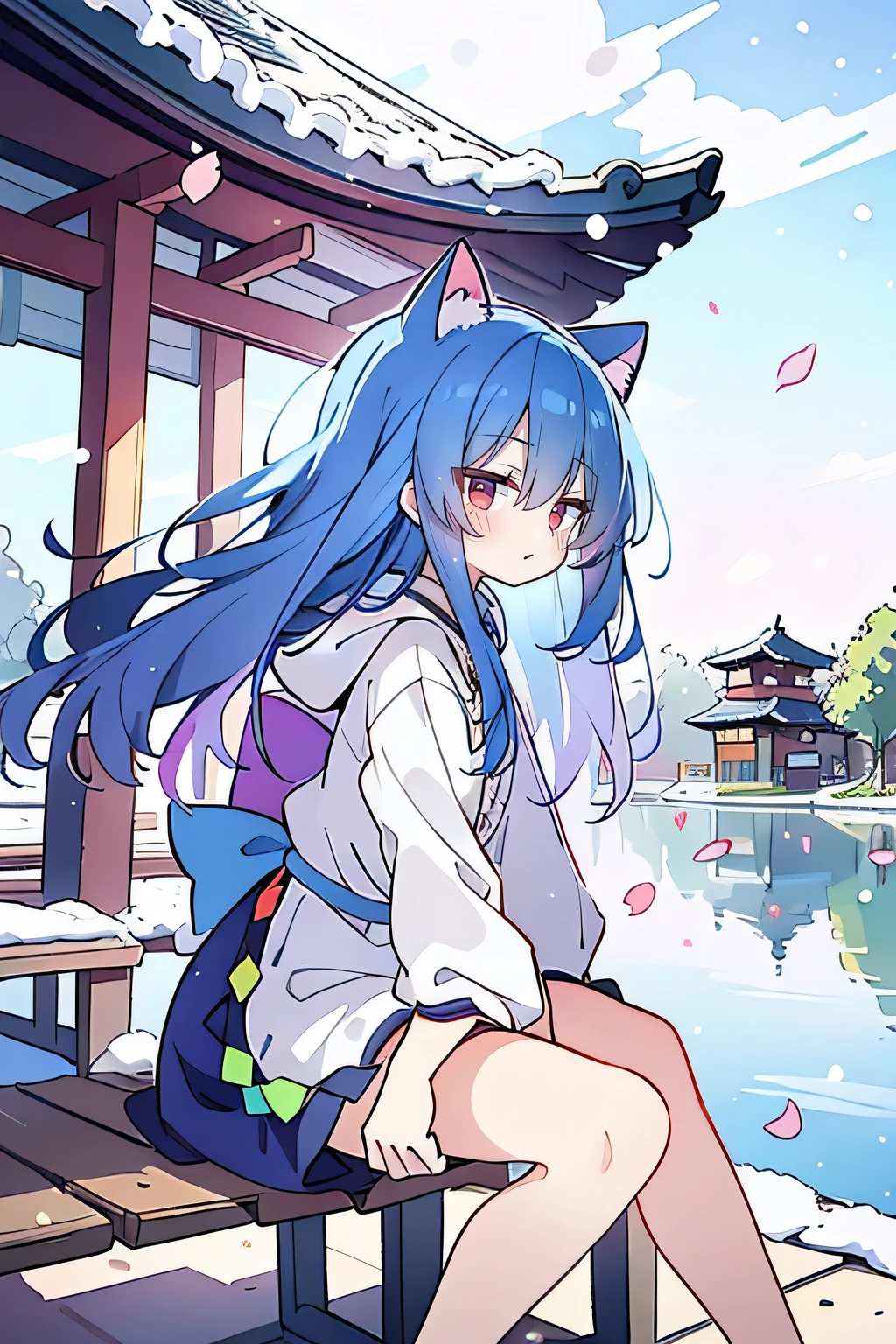 (masterpiece:1.uper detailed,lifelike,Expressive eyes,fair skin,perfect face shape,1 girl,
Japanese comics,Gorgeous blue hair,flowing blue hair,flowing clothes,Cat ears,Petals fall,beautiful lola,Baby Angel,
Cross your legs,Gentle and peaceful background,The pavilion is cool and comfortable, wearing hoodie, background of tokyo,back views,snowing, winter.