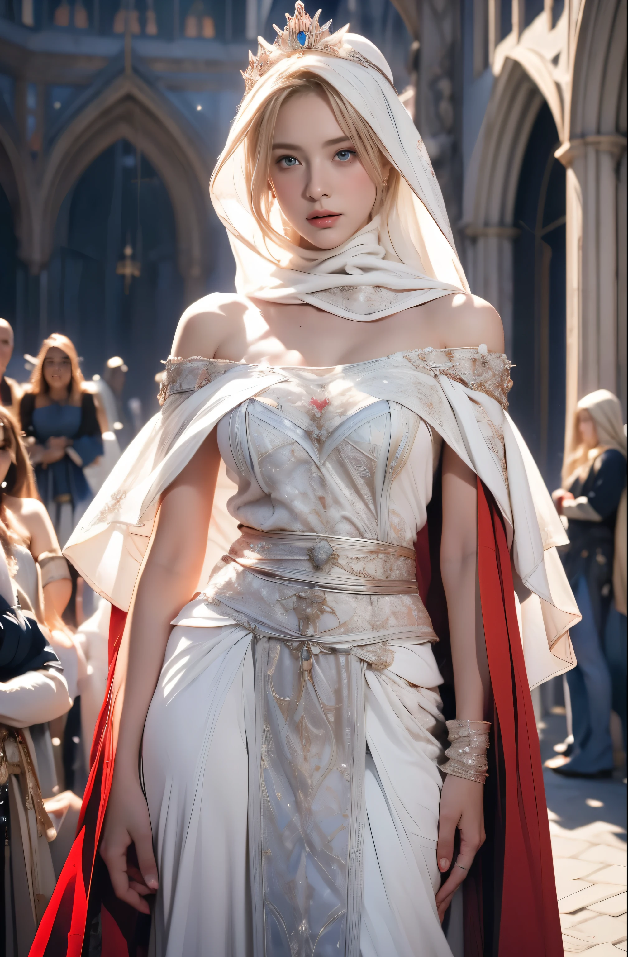  princess, Full body, wearing a hijab , crown luxury , blue eye, blond hair, around , (red silver hijab), tmasterpiece，Best quality at best，A high resolution，8K，((Portrait))，(upper body)，Original photo，real photograph，digital photography，(Female princess in the medieval fantasy style)，(Medieval princess in fantasy style), sexy princess ，blue eye， super colossal brest, pointy colossal breast extravagant ornament，cparted lips，Keep your mouth shuegant and charming，((Blushing))，virgin contempt，Calm and handsome，(Medieval fantasy dress，The Beautiful super huge pointy breast, small waist, perfect colossal breast of princess body, a blue delicate pattern，red Cloak)，(princes medieval character medieval fantasy style，oc render reflection texture, sexy style,  sexy colossal breast , medieval castle background, slim body, very small waist, (erect nipples see trough dress) Off-shoulder see-through white long dress , super slim , sexy style,  holding katana 
