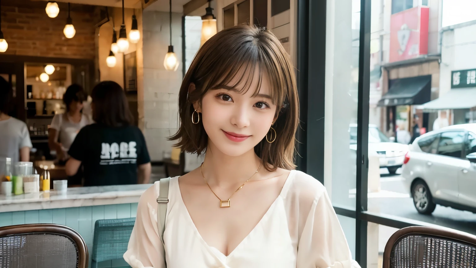 super high quality, Short Hair, Slender, Gravure photoshoot, The staff is working at the counter in the back., (8k、RAW Photos、highest quality、masterpiece:1.2), Japanese Idol, Shaggy, Stylish café, The cafe is crowded with people enjoying themselves., (Realistic、Photorealistic:1.37), Mesh Hair, Urban Cafe, Golden Ratio, Raw photo, Cute face , Light Brown Hair, Earrings, Small breasts, Bright cafe interior, Beauty salon model, Spring Clothes, necklace, Spoiled, Cafe Terrace, Open Cafe, Open Cafeの前に高級車, Smile, Hair blowing in the wind, Neat clothes, T-Shirts, 18-year-old, younger sister, 
