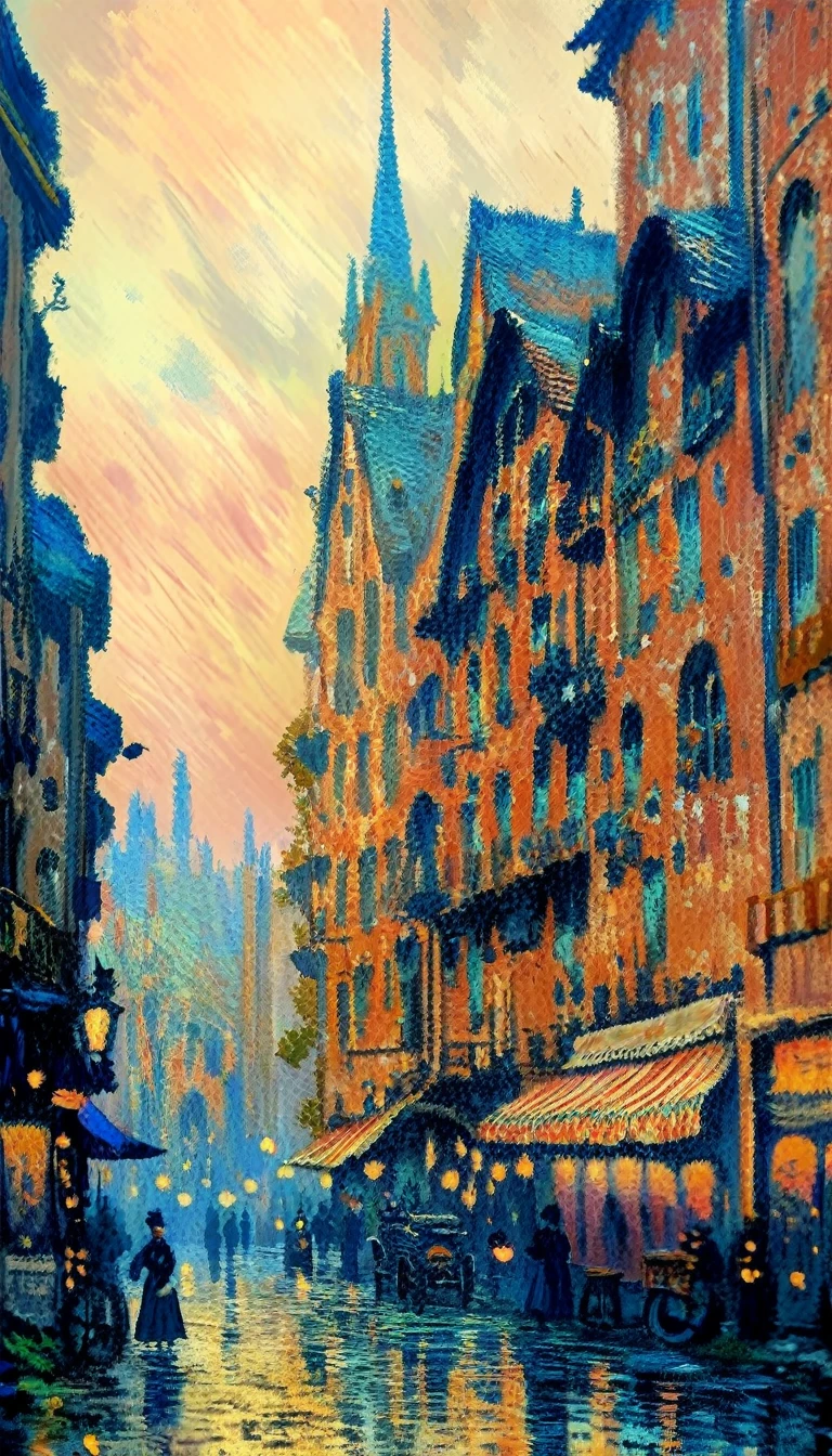 a ground view steampunk city by WAS-Steampunk, claude monet style, impressionism, oil painting 