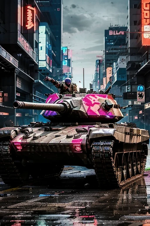 A old battletorn tank in a neon cyber city