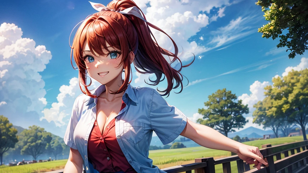 1girl, full body, summer, village, trees, sun, clouds, ((colorful hair)), ponytail, large breasts, button down, blue eyes, ((red, white and green shirt)), ((unbuttoned shirt)), unbuttoning buttons, ((short sleeved shirt)), black mini skirt, brown shoes, grin, looking at the viewer, standing, red, white and green hair ribbon, cleavage, ((golden necklate))