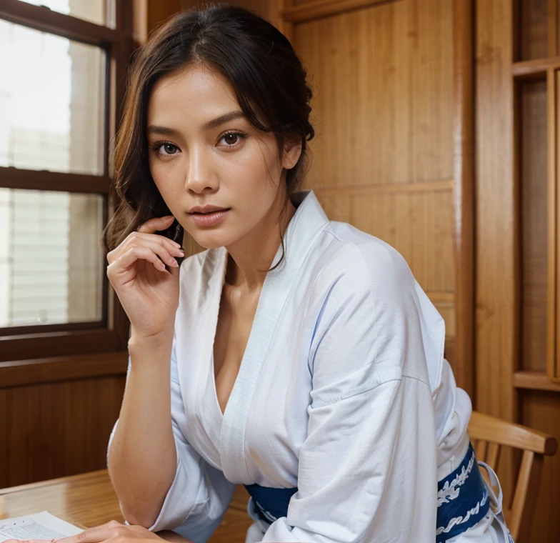 Female supermodel. Blue Haori, White Kimono. Bamboo. Study room. Close-up.