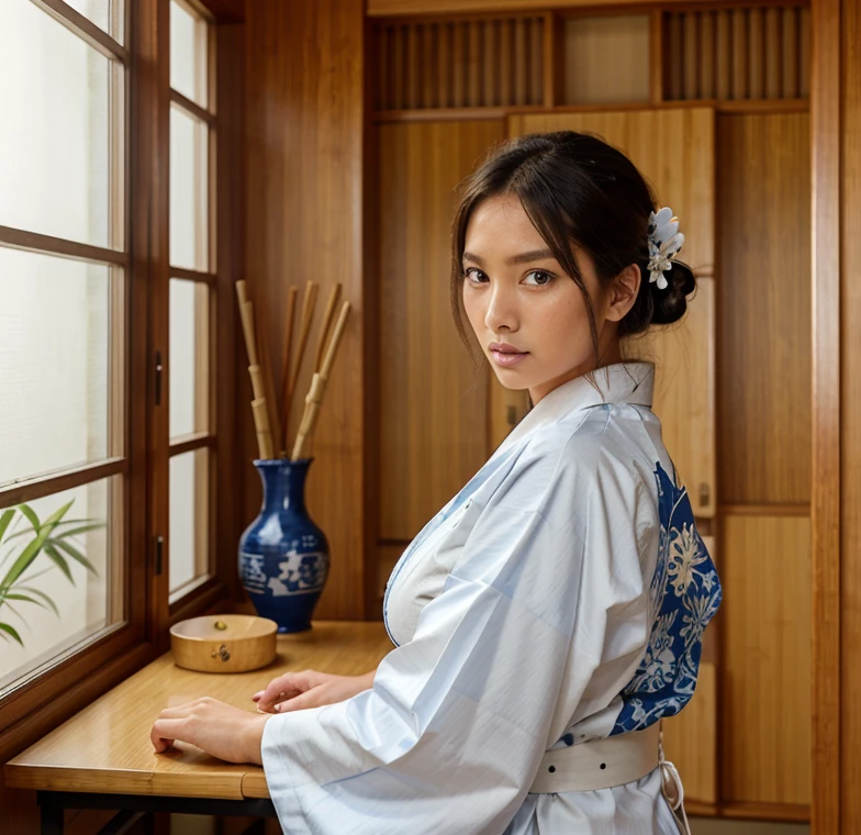 Female supermodel. Blue Haori, White Kimono. Bamboo. Study room. Close-up.
