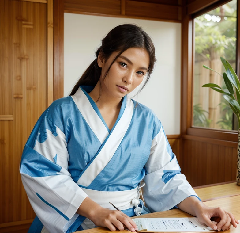 Female supermodel. Blue Haori, White Kimono. Bamboo. Study room. Close-up.
