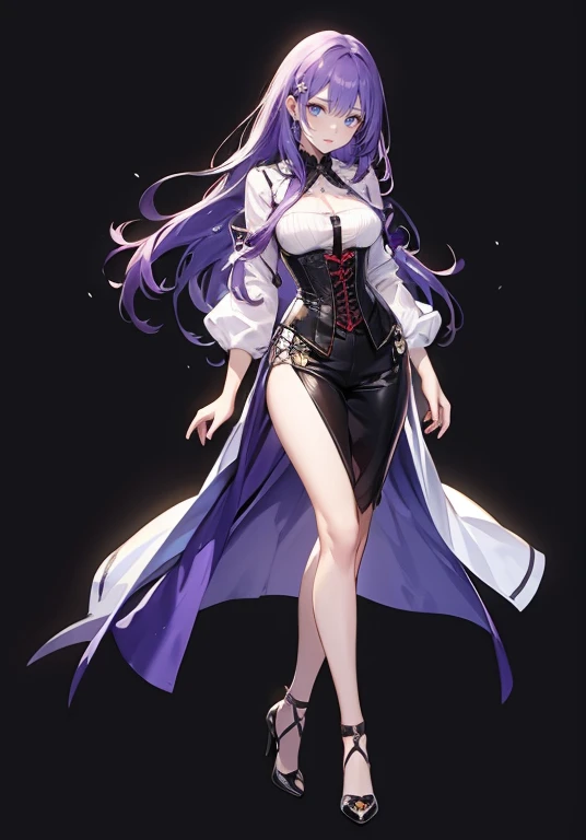 ((Perfect Face)),Purple Hair,long hair,1 female,,Roll up your sleevesＹshirt,Roll up your sleeves,Open-chested tops,corset,slit,High heels,,((Simple Background)),smile,((Full Body)),((full body)),Stand up straight facing forward