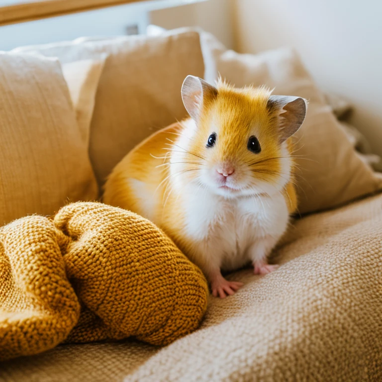 Golden hamster relaxing on bed。