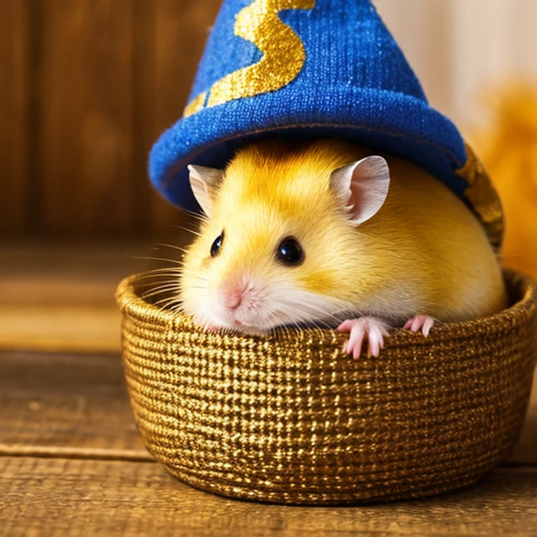 Golden hamster wearing a small hat。