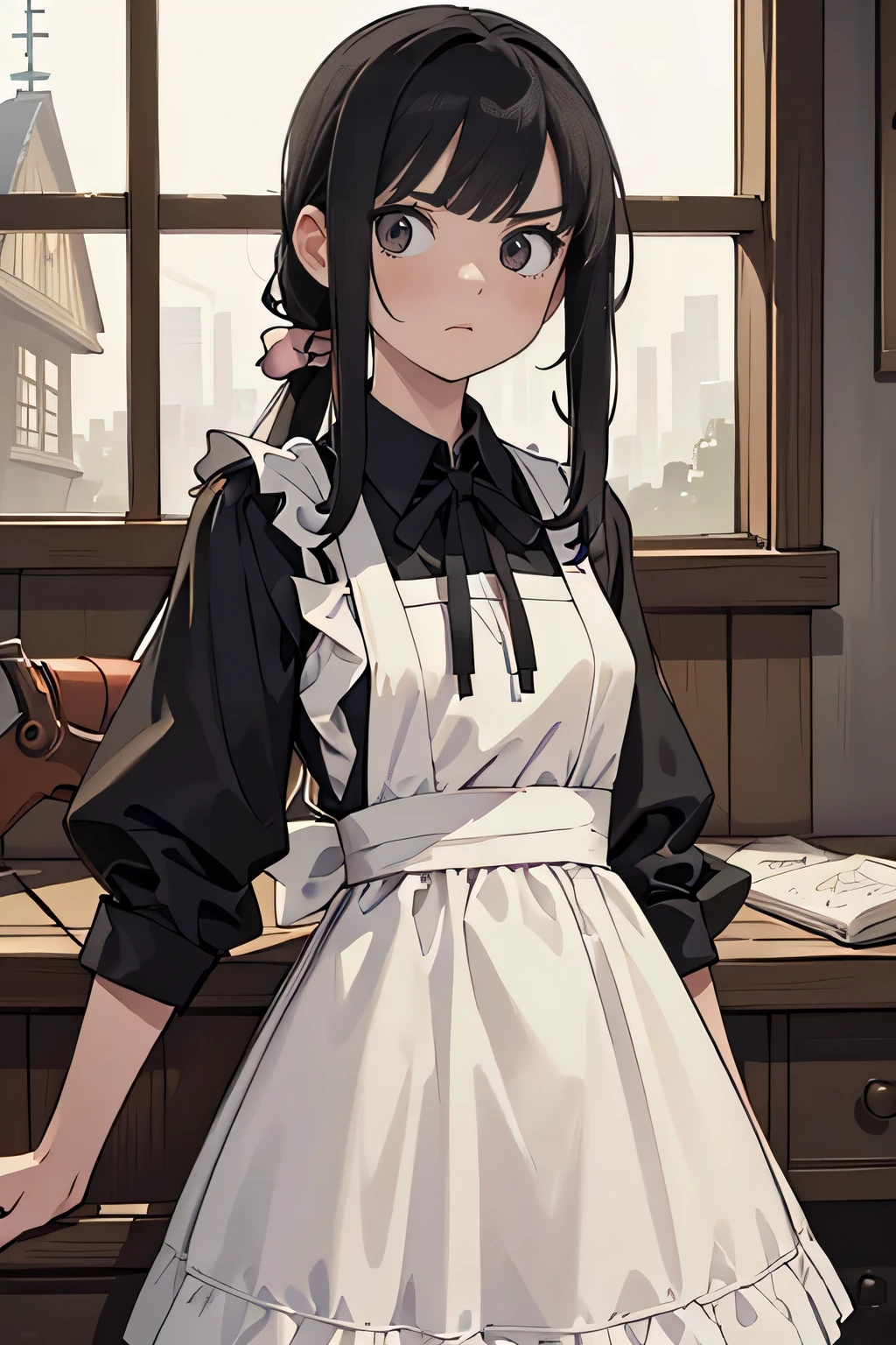 ((masterpiece, highest quality)), (One girl), (alone), (Focus on women), night (Chainsaw Man),(Highly detailed face, The real picture, Realistic white skin, Realistic body, Intricate details), Upper Body, Focus on the face, Black hair tied up, Long Hair, Intimidating look, Black apron dress, shirt, Neck ribbon, Small breasts