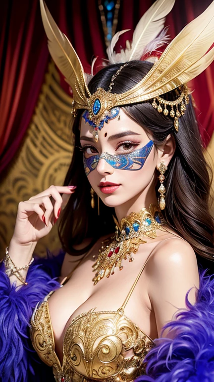A modern-day attractive woman in an extravagant masquerade ball gown, wearing an intricate mask adorned with feathers and jewels, beautiful belly breast, large breasts, push up bras , upper body , set against the backdrop of a luxurious carnival setting.,