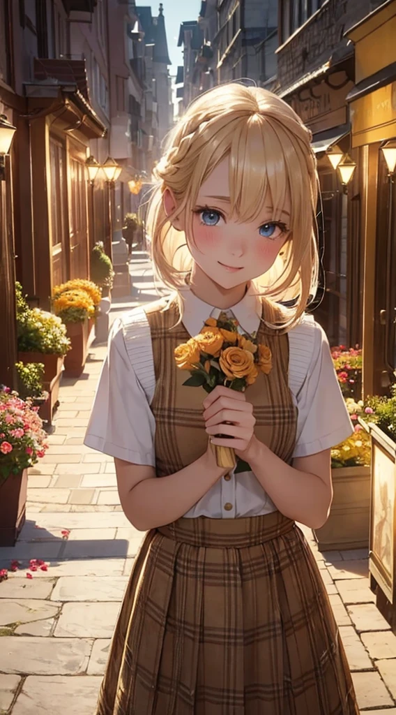 (​masterpiece),(top-quality:1.2),1girl,exquisitedetails,vibrant colors,soft tones, Warm atmosphere, Gentle lighting,slender white body、(camel colored plaid long skirt:1.3),(thin white knit vest:1.2),Blushing,(middle twin-tailed blonde hair:1.3),Glowing hair,beautiful detailed blue eyes,pale skin,(from above),kindly smile,overflowing soft and gentle feelings,(The promenade is full of flowers), Warm golden glow,The atmosphere is full of happiness and laughter,Sticking to ultra-detailed depictions and vivid colors. In a style that blends romanticism and realism,color palettes,Create an ethereal atmosphere like a dream,and the lighting is soft and diffused, Shine a gentle light on your face