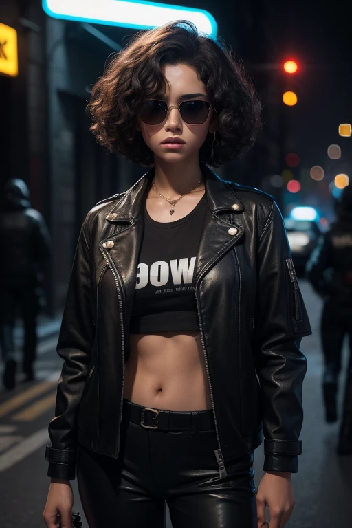 Girl 18 years brunette jacket and pants black leather, sunglasses, short curly hair,half large bodies,with nervous expression,armed, holding two machine gun,in a city the night neon apocalyptic,(8k detailed realistic raw photo)