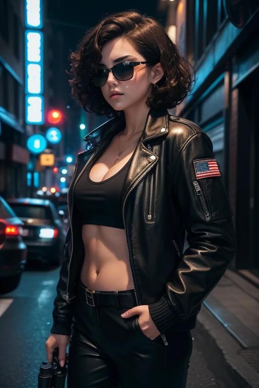 Girl 18 years brunette jacket and pants black leather, sunglasses, short curly hair,half large bodies,with nervous expression,armed, holding two machine gun,in a city the night neon apocalyptic,(8k detailed realistic raw photo)