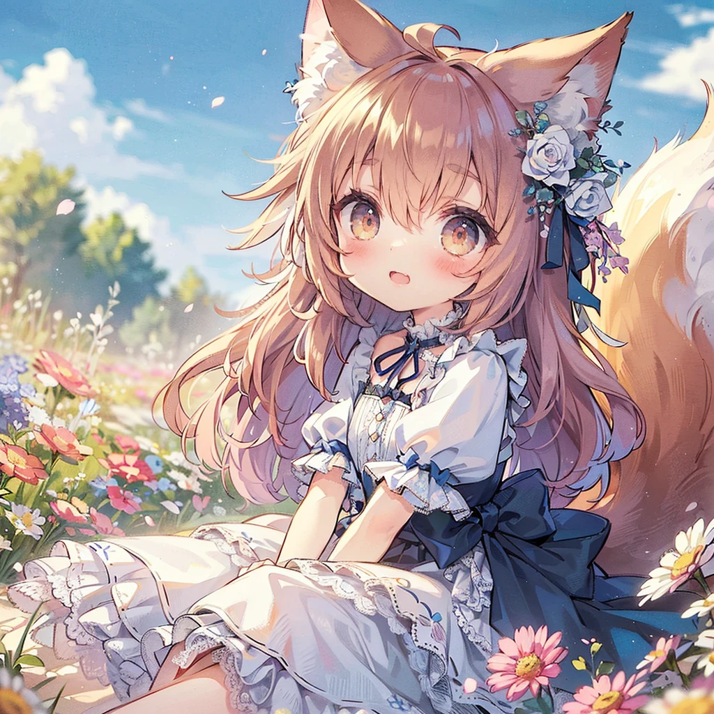 (Exquisite, beautiful, Very detailed, masterpiece, High resolution,high quality,High resolution),(Well-formed face,Soft and thin lines: 1.2, beautiful, Delicate and vivid illustrations with a mature and clear feel), Beautiful flowers々,petal,A very small girl with fluffy cat ears and a long, slender, flexible cat tail looks happy and relaxed.,Fluffy and soft clothes with lace, frills and ribbons,Beautiful fur,barefoot,(Short eyebrows,Pale pink blush, Plump pink lips,Small Nose,Double teeth,When I smile, my canines are visible,Cat's eyes,Quite large and fluffy bust,Open chest,Fair skin, A long, slender cat&#39;s tail,Good style,White knee-highs),Bright colors,Eye-catching colors,Dynamic Angles,defenseless,The fur is fluffy and soft,Watercolor art