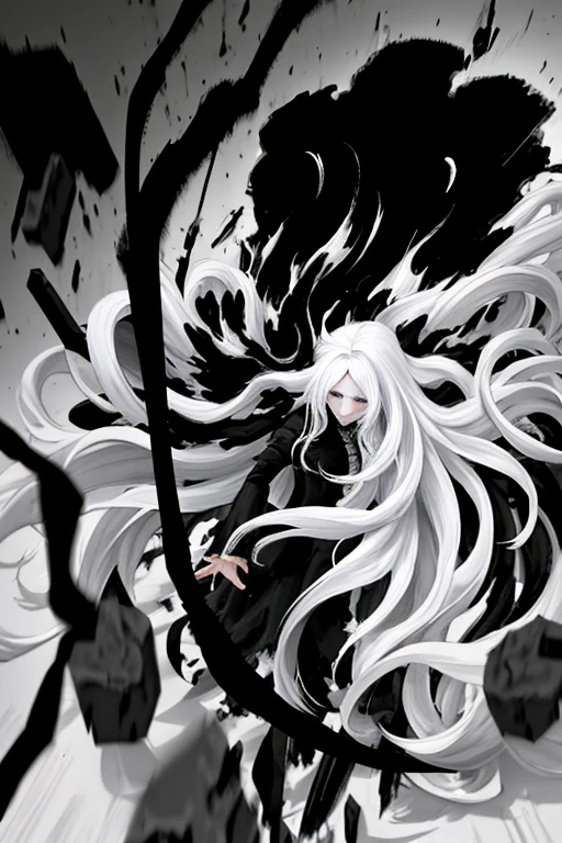 Boy, with long hair, with white hair, black and white, destruction, 4K quality.