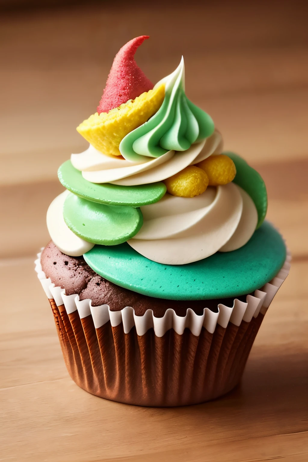 This is a sweet and delectable image. Generate a cluster of realistic and tasty cupcakes and assorted sweets. The cupcakes should be ornately decorated.