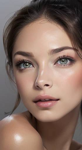 8K uhd、RAWphotograph、Model photo shoot、 European race、(masterpiece、highest quality、Photorealistic、High resolution、photograph:1.3)、Close-up、Focusing、Hot Model、slim、30 year old mature woman、Small face、No makeup、Short Hair、Dark Brown Hair、Fine beautiful eyes、Real Skin、(perfect body)、Sexy hot face、Erotic、Sexual gaze、slim、Sweat top、Detailed beautiful eyes、Glossy lips、((Bright light、Dynamic lighting、Real、超Real、 realism、Realistic details、Background gray、Plain grey background, natural breasts, soft areolas, Puffy areolas, puffy nipples