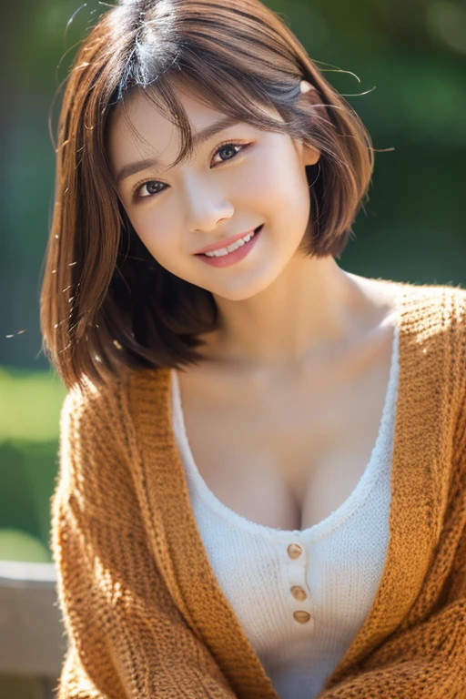 (masterpiece:1.3), (8k, Photorealistic, Raw photo, Best image quality: 1.4), Japanese 、(Random Hairstyles:1.2)、Cleavage:1.2、Super detailed face、Attention to detail、double eyelid、Put your chest together、Sharp focus:1.2、Beautiful woman:1.4、Light brown hair、highest quality、masterpiece、超A high resolution、(Photorealistic:1.4)、Highly detailed and professionally lit smile、Loose, lightweight knitwear、Shoulder out、thin、Serious expression、Short-haired、Deadly position