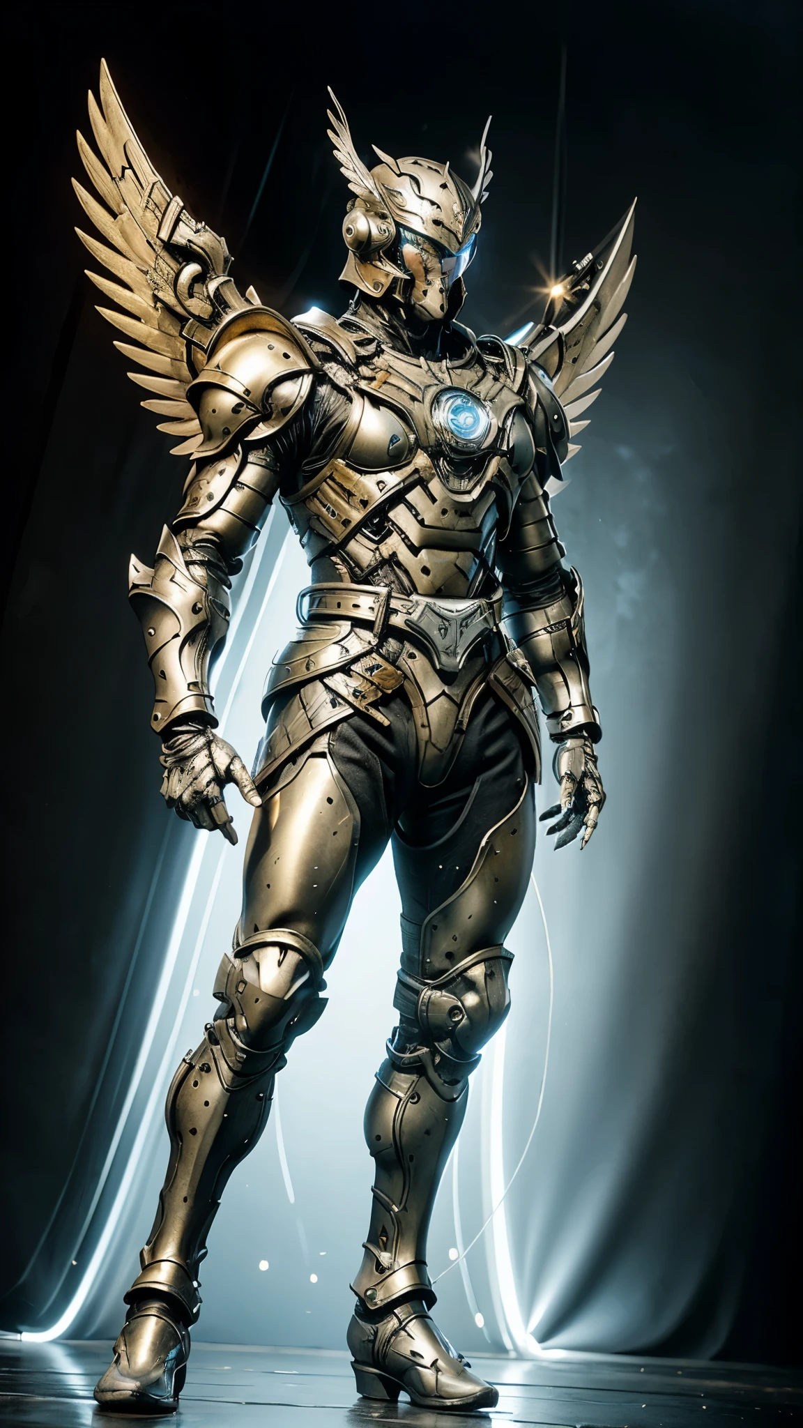 A man wearing a full-face helmet, a fantasy-style biotech armored combat suit, green eyes, (a composite layered chest armor), fully enclosed shoulder guards, matching arm and leg guards, the belt is adorned with Falcon Wing, (the color scheme is primarily white with red and blue accents), the design balances heavy with agility, a high-tech bio-mecha armor, (Armor Concept Inspired by Falcon, stand on the top of a skyscraper in a futuristic sci-fi city), this character embodies a finely crafted fantasy-surreal style armored hero in anime style, exquisite and mature manga art style, (battle damage, element, plasma, energy, the armor glows), ((male:1.5)), metallic, real texture material, dramatic, high definition, best quality, highres, ultra-detailed, ultra-fine painting, extremely delicate, professional, perfect body proportions, golden ratio, anatomically correct, symmetrical face, extremely detailed eyes and face, high quality eyes, creativity, RAW photo, UHD, 32k, Natural light, cinematic lighting, masterpiece-anatomy-perfect, masterpiece:1.5