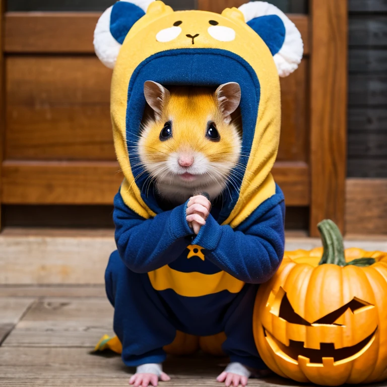 Golden hamster wearing Halloween costume。