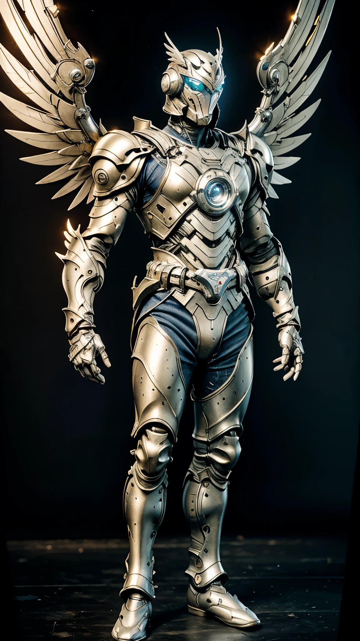 A man wearing a full-face helmet, a fantasy-style biotech armored combat suit, green eyes, (a composite layered chest armor), fully enclosed shoulder guards, matching arm and leg guards, the belt is adorned with Falcon Wing, (the color scheme is primarily white with red and blue accents), the design balances heavy with agility, a high-tech bio-mecha armor, (Armor Concept Inspired by Falcon, stand on the top of a skyscraper in a futuristic sci-fi city), this character embodies a finely crafted fantasy-surreal style armored hero in anime style, exquisite and mature manga art style, (battle damage, element, plasma, energy, the armor glows), ((male:1.5)), metallic, real texture material, dramatic, high definition, best quality, highres, ultra-detailed, ultra-fine painting, extremely delicate, professional, perfect body proportions, golden ratio, anatomically correct, symmetrical face, extremely detailed eyes and face, high quality eyes, creativity, RAW photo, UHD, 32k, Natural light, cinematic lighting, masterpiece-anatomy-perfect, masterpiece:1.5
