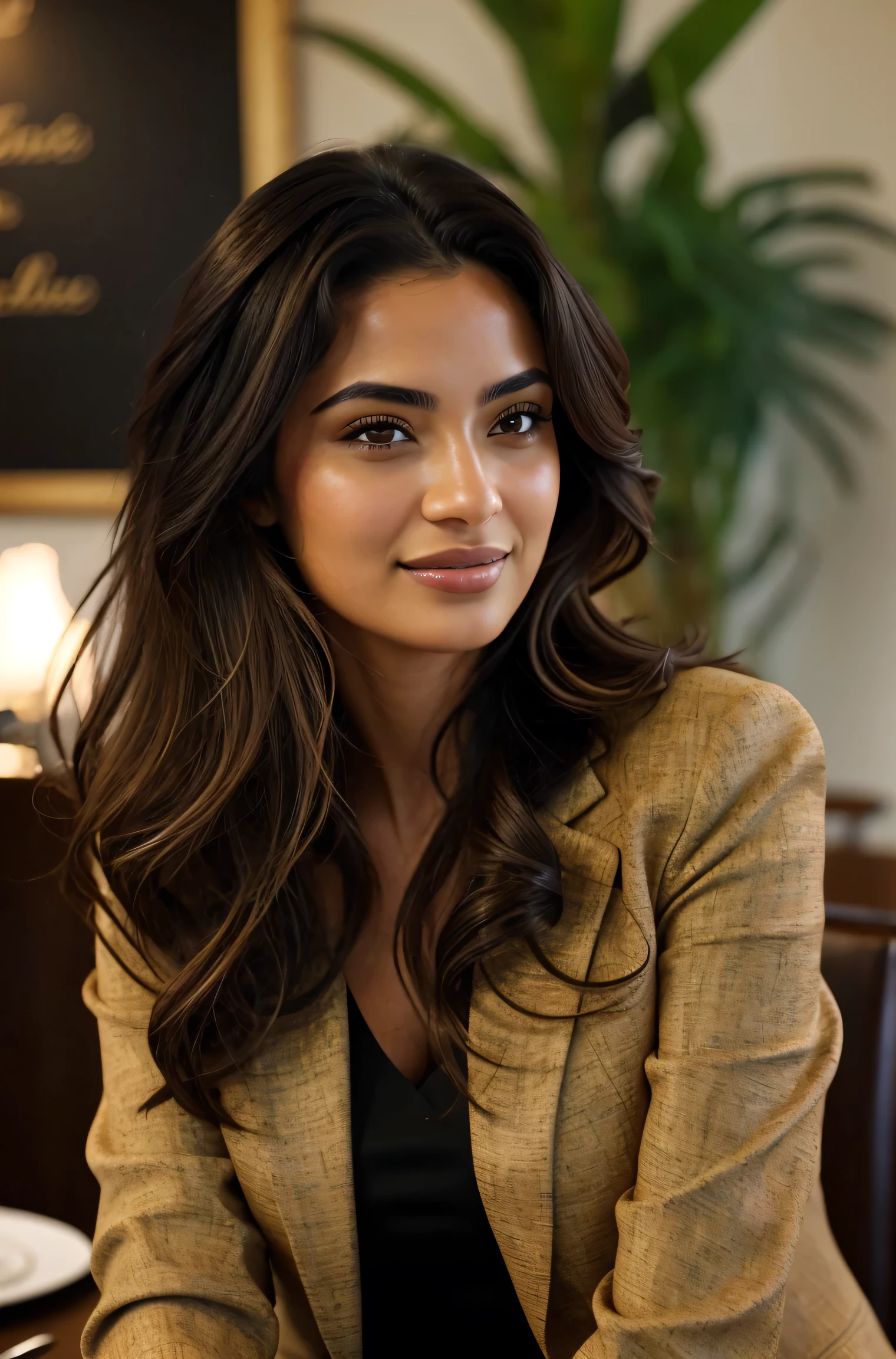 1 adult female, Long Hair, Curly Hair, Black hair color, Smooth Skin, Brown eyes, With a smile, Vegetation, hour々, Business woman style clothing, Light Brown Blazer, Realist, With fine dining restaurant background, 8k super Realist, super detalhado e Realist