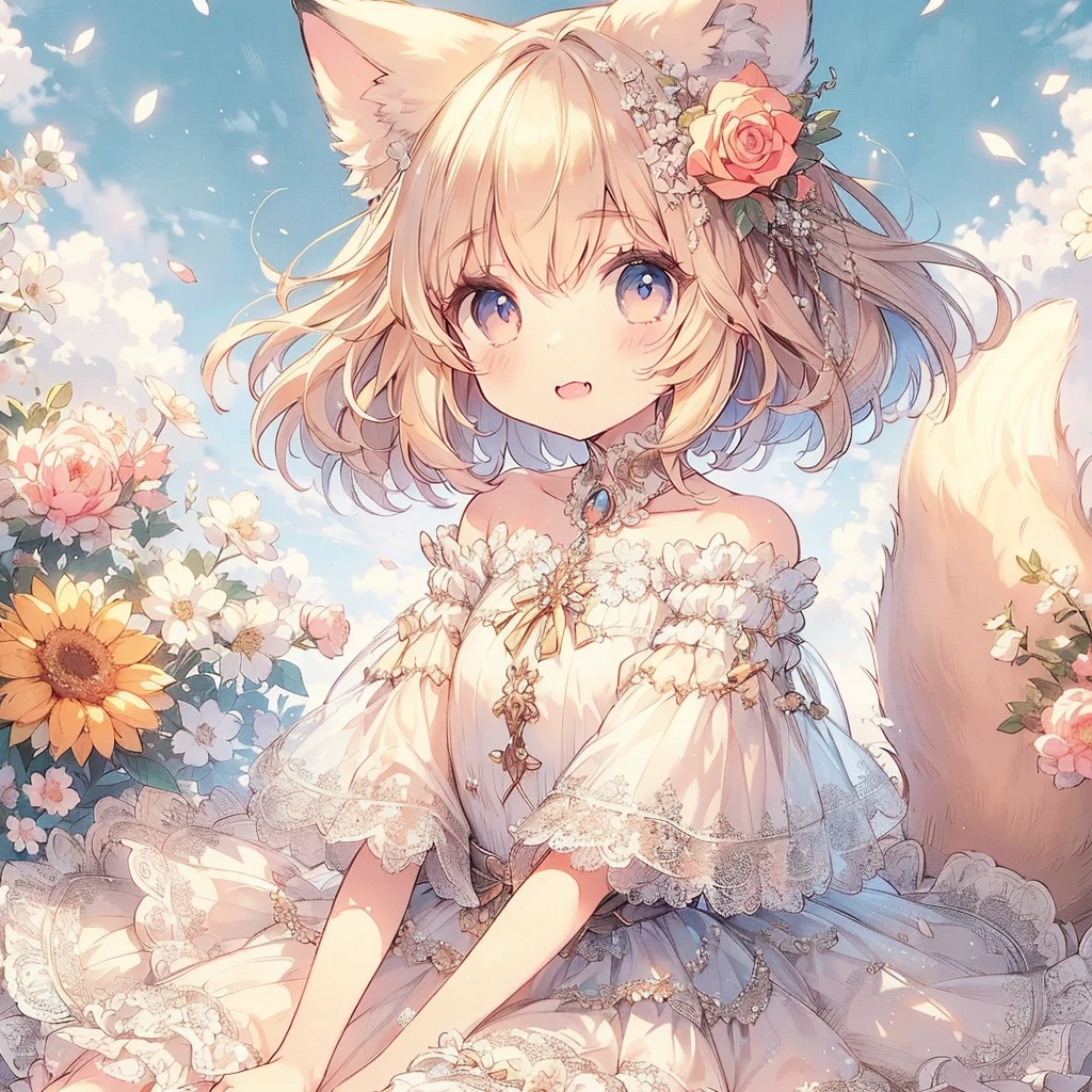 (Exquisite, beautiful, Very detailed, masterpiece, High resolution,high quality,High resolution),(Well-formed face,Soft and thin lines: 1.2, beautiful, Delicate and vivid illustrations with a mature and clear feel),  ,A beautiful, gentle and quiet girl with fluffy fox ears, a fluffy tail, cat-like animal eyes, a small mouth, nose and sharp fangs is sitting surrounded by flowers in a flower field under a clear blue sky and smiling shyly.,She is wearing a low-cut dress covered in lace, frills and ribbons, and knee-high socks decorated with lace.,(A cute girl with a good figure, with light brown wavy bob hair, fair skin, short eyebrows, pale pink cheeks, a very small nose, a mouth with small pointed fangs, plump pink lips, beautiful animal-like eyes, and a fairly large, fluffy bust.),Vibrant and eye-catching colors,Colored pencil art