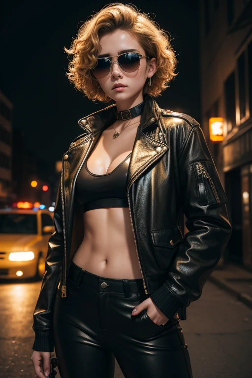 Girl 18 years dark golden blonde jacket and pants black leather, sunglasses, short curly hair,half large bodies,with nervous expression,armed, holding two machine gun,in a city the night neon apocalyptic,(8k detailed realistic raw photo)