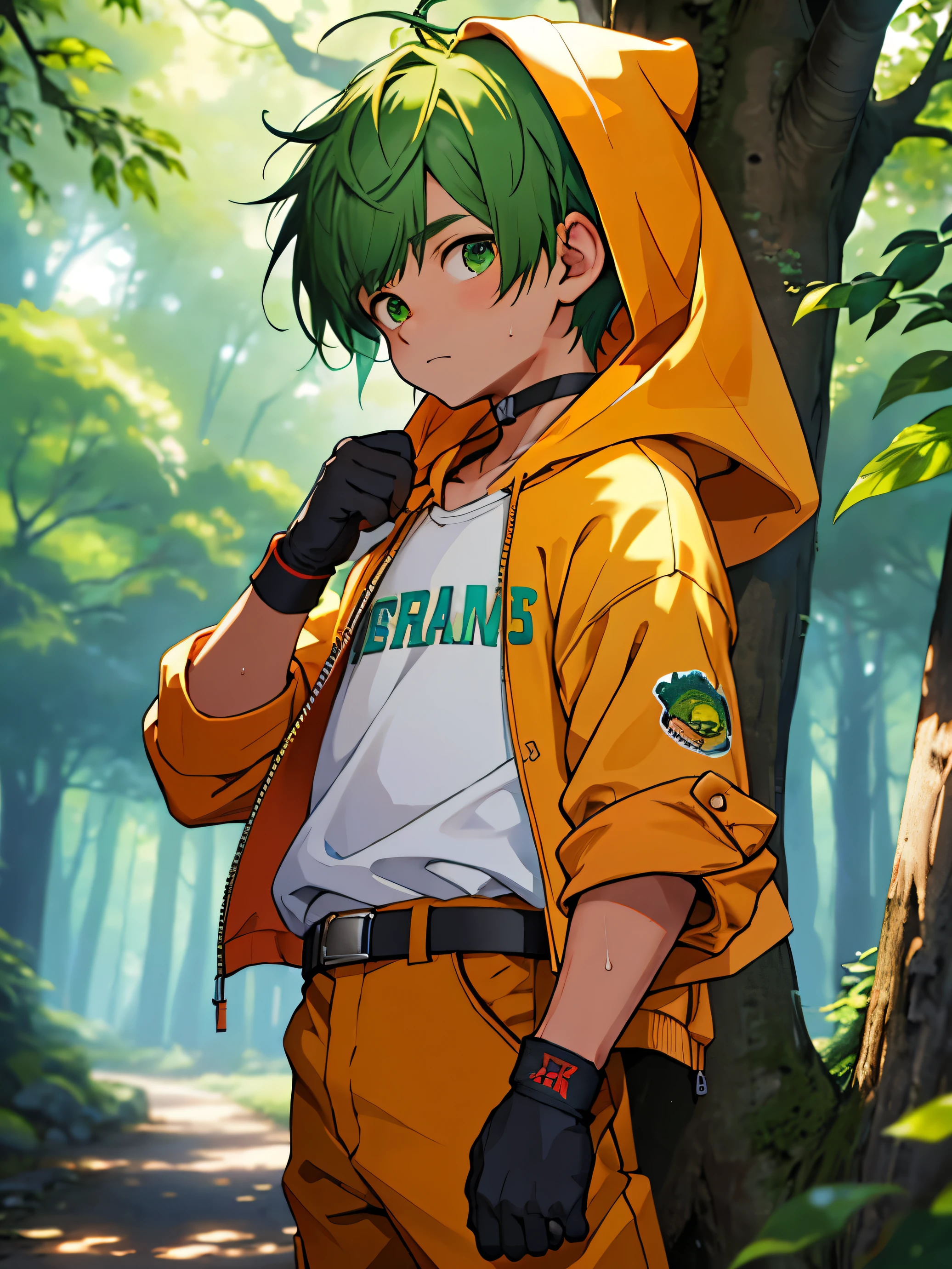 Highres, Masterpiece, Best quality at best,Best Quality,hight quality, hight detailed, 1boy, Boy, green hair, Side bangs, Shota, Belt, Glove, elbow cover, Sleeveless hoodie, choker, 4k, Seen from the front, Little sweat, forest, Cute boy, (very small and short stature), (very young boy), 12-year-old boys, Blurry and simple beckground, bokeh, Uhd