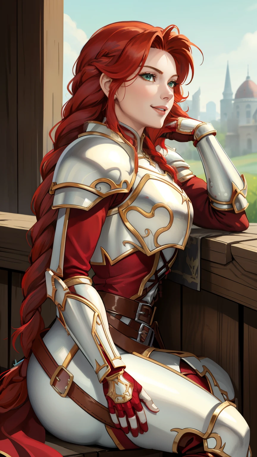 masterpiece, best quality, titania, braided ponytail, armor, red dress, belt, gauntlets, gloves, armored boots, from side, sitting, log, looking at viewer, smile 