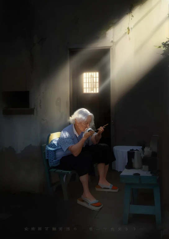 Caring for empty nesters, A old man,Full of silver hair, A beam of sunlight hit her,She eats alone with chopsticks,Sit on the bench.
