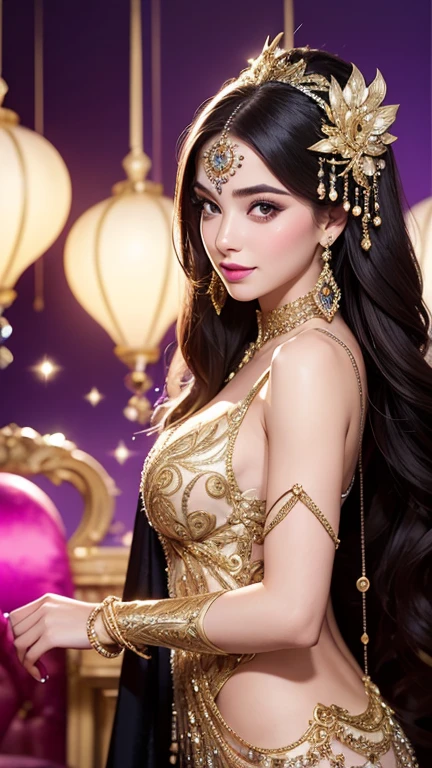 A stunning young woman in a contemporary, elegant masquerade outfit, featuring a dazzling mask with sparkling details, attending a lavish carnival celebration, with vibrant lights and grand decor
