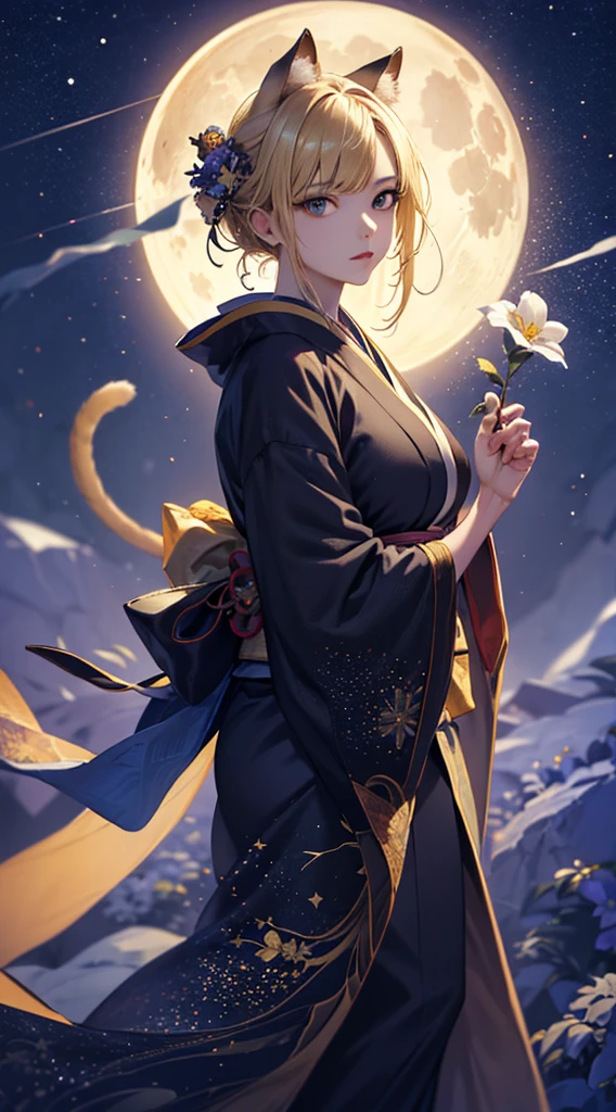 masterpiece, high quality, 4K, Beautiful design, silhouette，blonde， 非常に詳細な夜のStarry Sky,Flower Field， wonderful, Finer details,  Very knowledgeable woman, Highly detailed solo, 1 female,Cat ear，Big Breasts，kimono，Night view，Starry Sky，full moon，