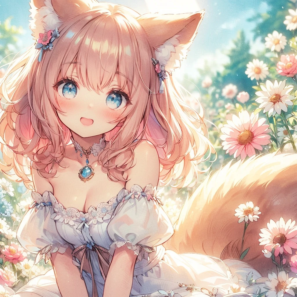 (Exquisite, beautiful, Very detailed, masterpiece, High resolution,high quality,High resolution),(Well-formed face,Soft and thin lines: 1.2, beautiful, Delicate and vivid illustrations with a mature and clear feel),  ,A beautiful, gentle and quiet girl with fluffy fox ears, a fluffy tail, cat-like animal eyes, a small mouth, nose and sharp fangs is sitting surrounded by flowers in a flower field under a clear blue sky and smiling shyly.,She is wearing a low-cut dress covered in lace, frills and ribbons, and knee-high socks decorated with lace.,(A cute girl with a good figure, with light brown wavy bob hair, fair skin, short eyebrows, pale pink cheeks, a very small nose, a mouth with small pointed fangs, plump pink lips, beautiful animal-like eyes, and a fairly large, fluffy bust.),Vibrant and eye-catching colors,Colored pencil art