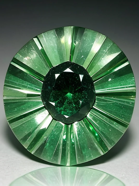 green shiny piece of rock, refined circular mineral gemstone core, symmetrical gemstone