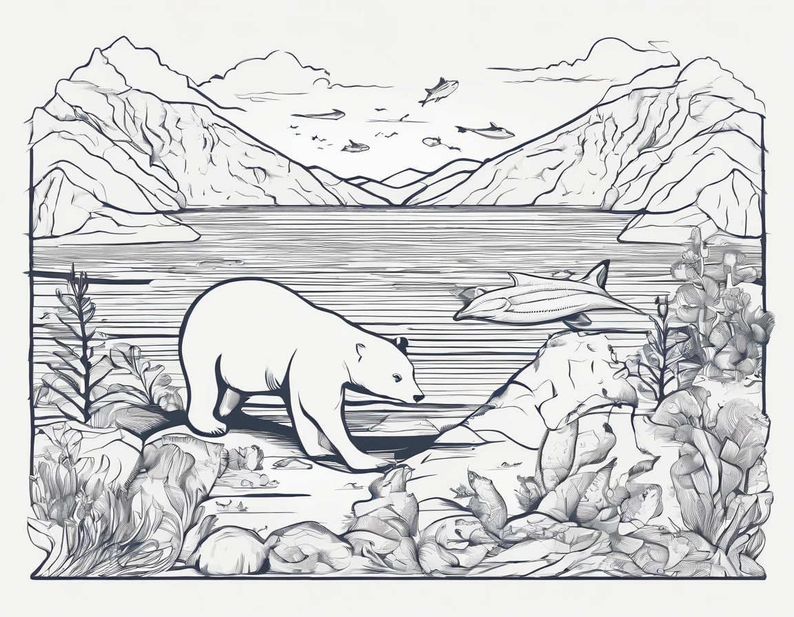 Alaska sealife ocean beaches fish bears line art