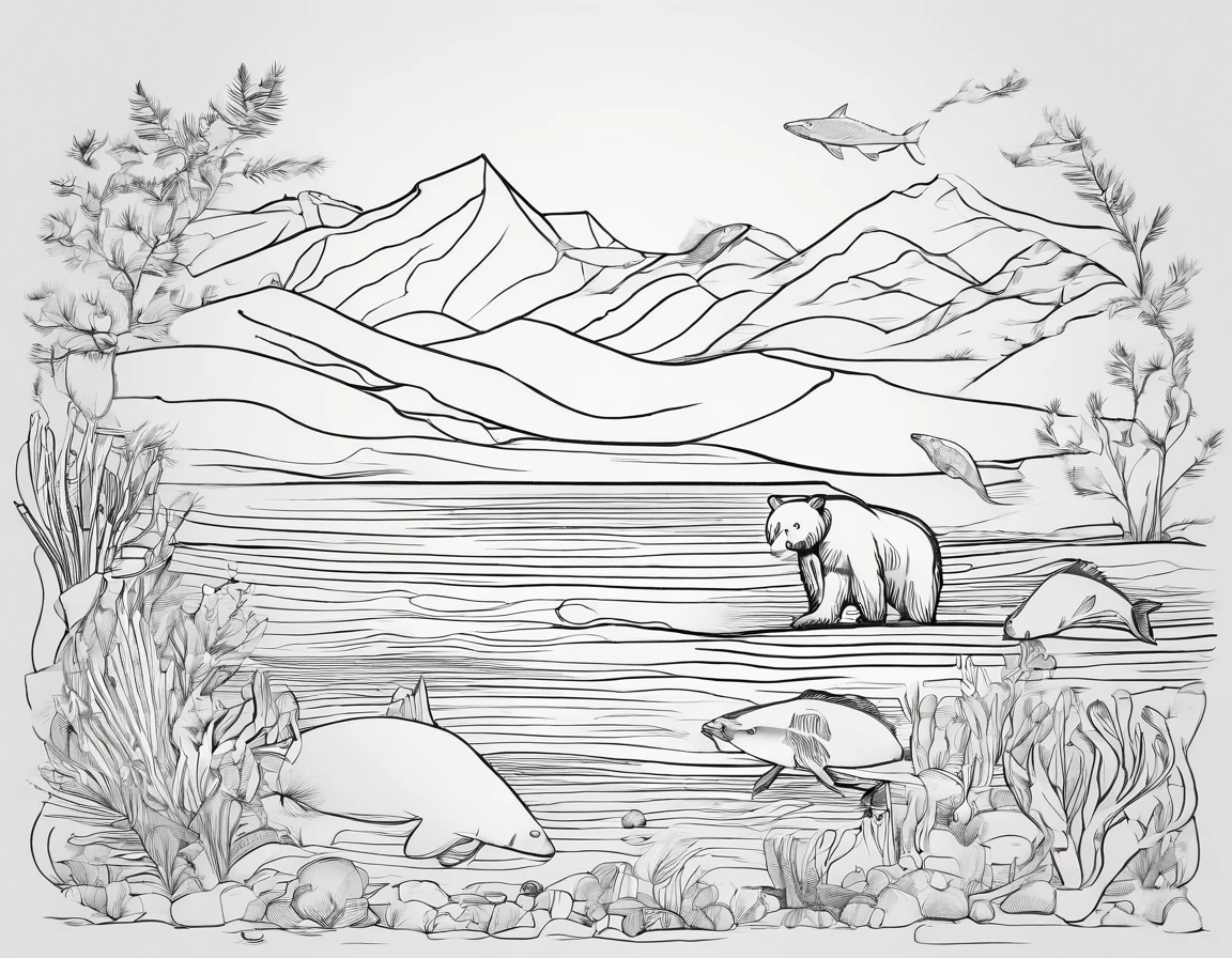 Alaska sealife ocean beaches fish bears line art