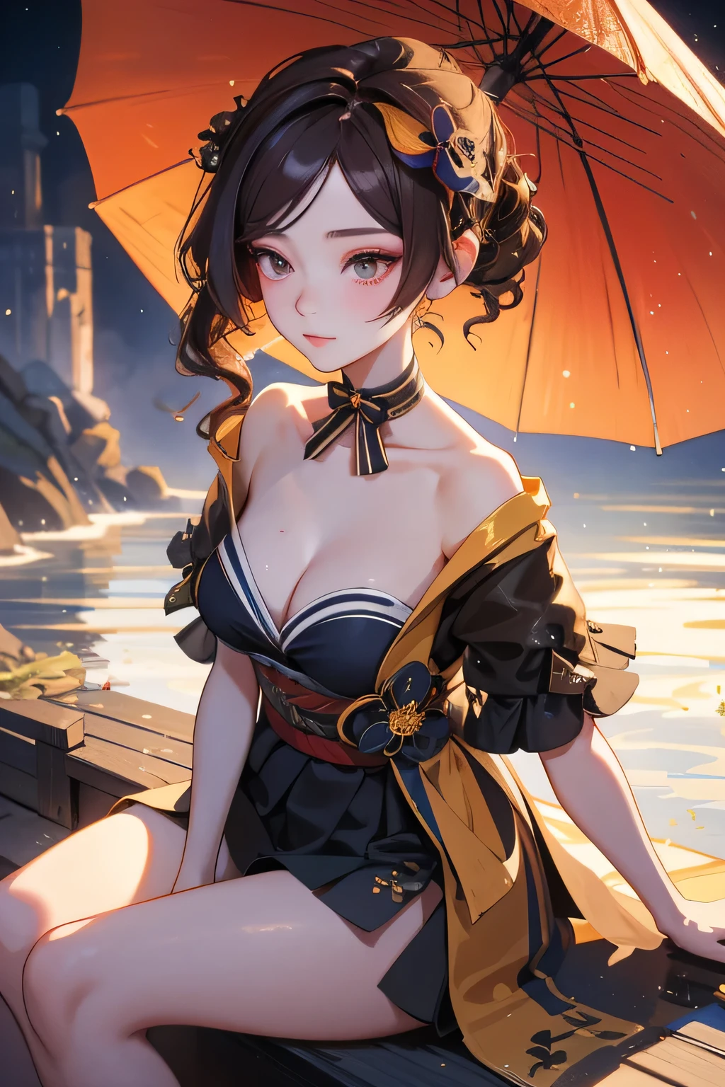 [chiori gi]:1.5,((masterpiece,highest quality,Highly detailed images,Beautiful images))1.4(Chiori Images、sitting with one's legs out to one side、Looking up、Cities with waterways、Beautiful waterways、The wind is blowing、Overall dim lighting、Backlight、A fantastic atmosphere、Thick Fog、Dust flutters)1.3,(Off the shoulder、Beautiful cleavage):1.2

