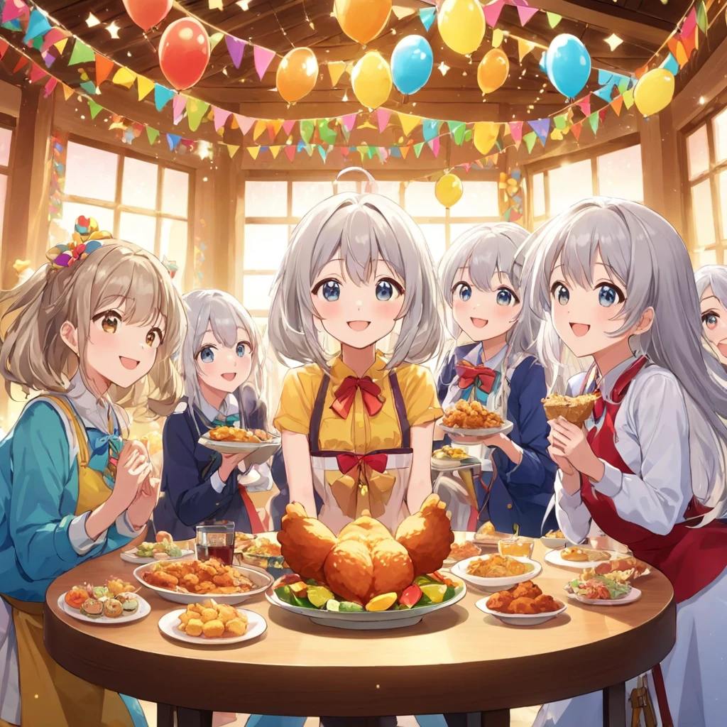 extremely beautiful anime screencap, keyvisual, kawaii style, smile, A silver-haired girl stands in the center of a room adorned with colorful decorations, her eyes sparkling with excitement. Around her, a large table is beautifully arranged with various types of fried chicken. Her friends, with smiles on their faces, chat as they pick their favorite pieces, enjoying the merry time together. cute, adorable, brightly colored, cheerful, anime influence, highly detailed,