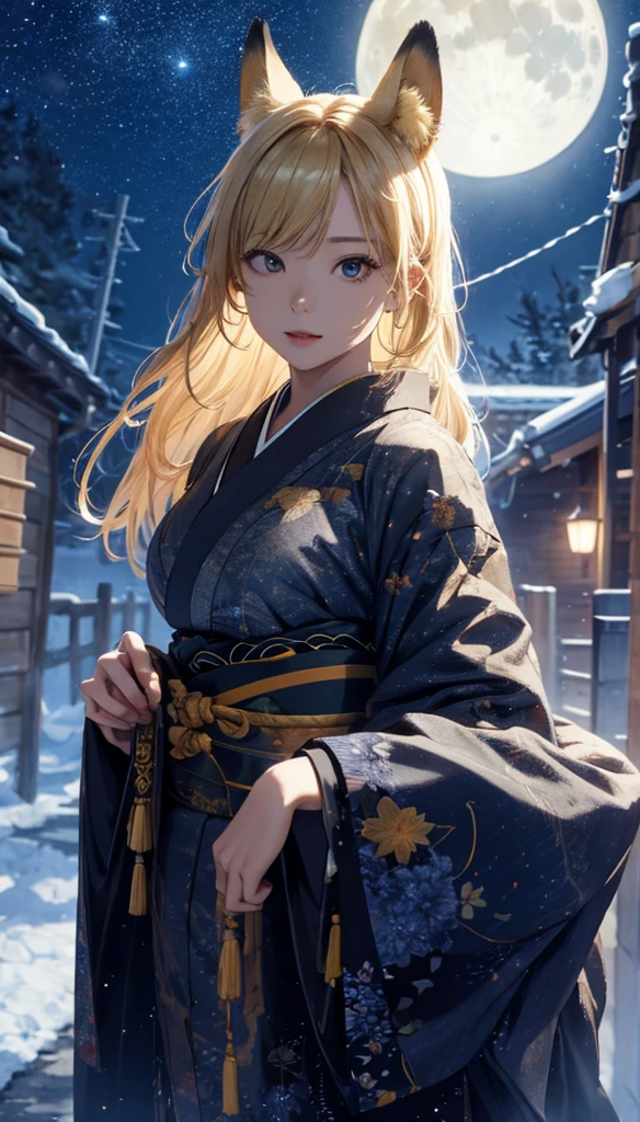 masterpiece, high quality, 4K, Beautiful design, silhouette,blonde, 非常に詳細な夜のStarry Sky,Unmanned stations,Unmanned Platform,, wonderful, Finer details, Very knowledgeable woman, Highly detailed solo, 1 female,Beautiful Eyes,Fox Mask Template,I like rumors,Big Breasts,kimono,Night view,Starry Sky,full moon,