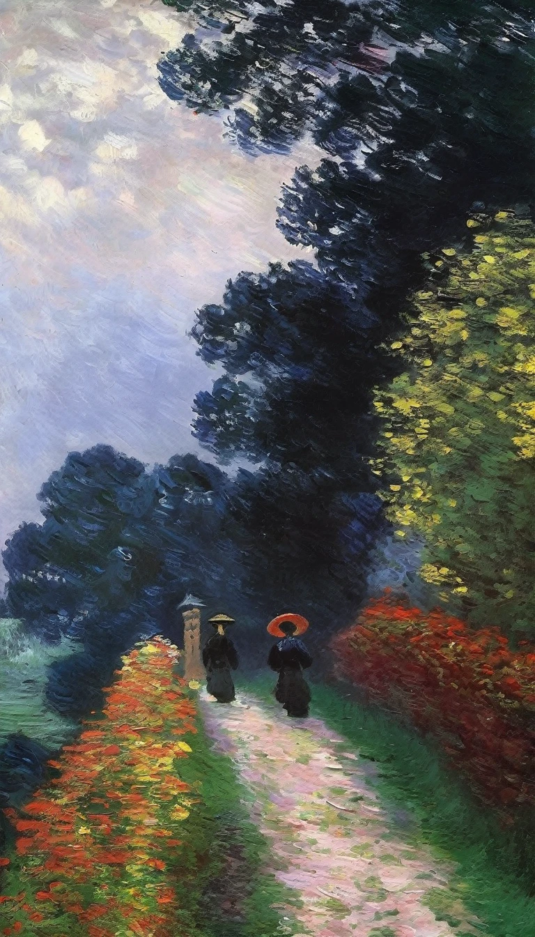 oil painting, dark theme, (impressionism by monet:1.2), close up to samurai walking down a country lane in edo period, in front of viewer, 