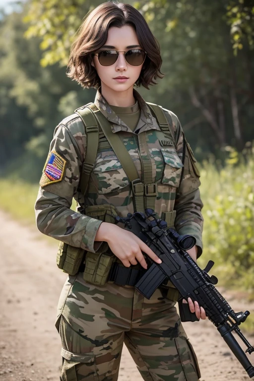 soldier fortune,beautiful young European woman, short curly dark golden hair,Short haircut,the jingle,sunlight,style sunglasses,camouflage uniform,snipers ruffle M-16,realistic,real photorealistic,