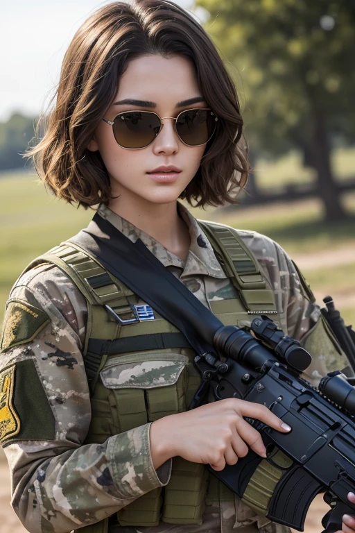 soldier fortune,beautiful young European woman, short curly dark golden hair,Short haircut,the jingle,sunlight,style sunglasses,camouflage uniform,snipers ruffle M-16,realistic,real photorealistic,