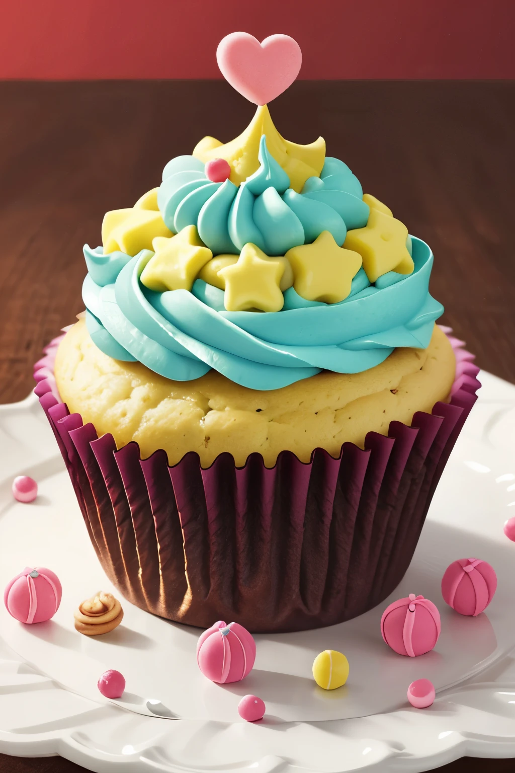 This is a sweet and delectable image. Generate a cluster of realistic and tasty cupcakes and assorted sweets. The cupcakes should be ornately decorated.