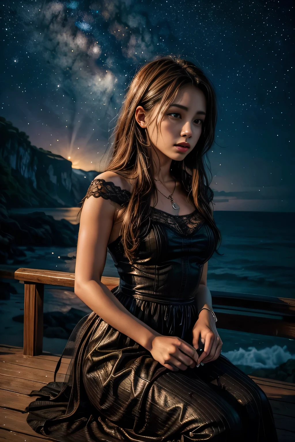 Obra de arte, melhor qualidade, perfil lateral de uma garota extremamente delicada e linda de pele escura, usando um vestido ombro a ombro, descansando no parapeito de uma janela, nightcore, world Obra de arte theater, ultra-detalhado, altamente detalhado, high resolution, extremamente detalhado,1 com pele escura ,illustration, looking at the night sky, lindo interior e exterior, impasto, tela, oil painting, realista, storybook style art, Atmosfera acolhedora 